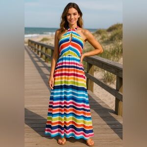NWT V Cristina Multicolor Striped Halter Maxi Dress Rainbow Summer Size 6